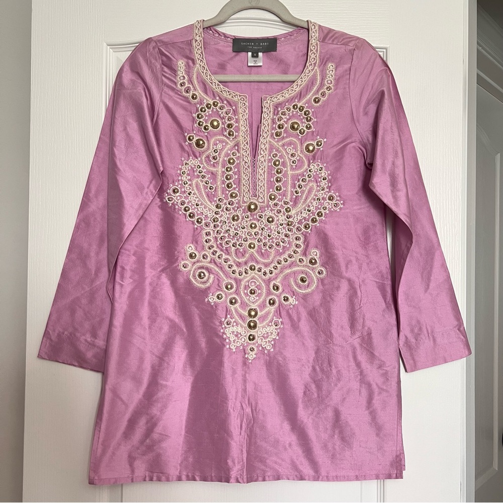 Sachin + Babi SILK Lavender Purple Pink Embroidered 3/4 Sleeve Tunic Blouse